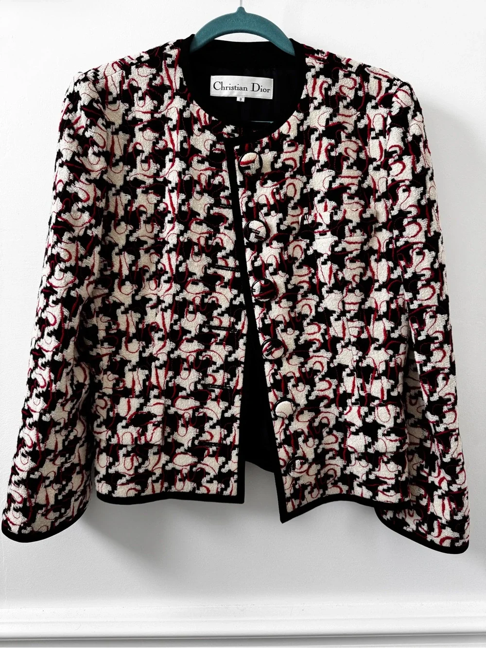 Dior Black, White & Red Tweed Collarless Jacket